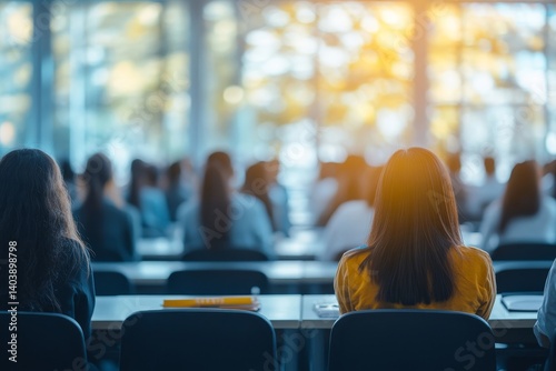 Blurred image of education people and business people sitting in conference room for profession seminar and the speaker is presenting new technology and idea sharing with the content, Generative AI
