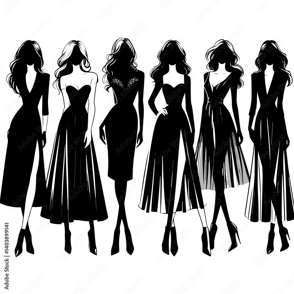 Fashion silhouettes showcasing elegant dresses in black  