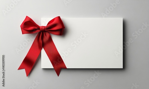 Blank white gift voucher with red ribbon bow or empty gift signboard isolated on grey background with shadow minimal conceptual, Generative AI