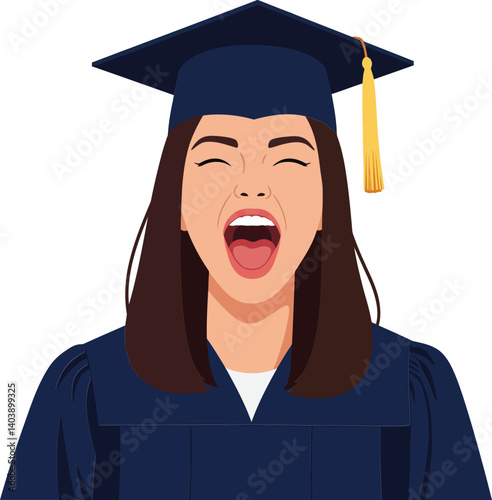 Enthusiastic graduate wearing a cap and gown, celebrating success with a joyful expression, flat vector illustration