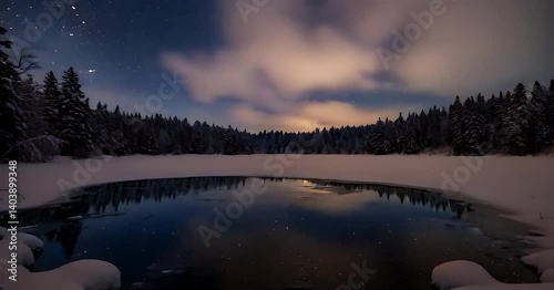 Frozen Lake Reflecting Starry Sky in Winter Forest Landscape
