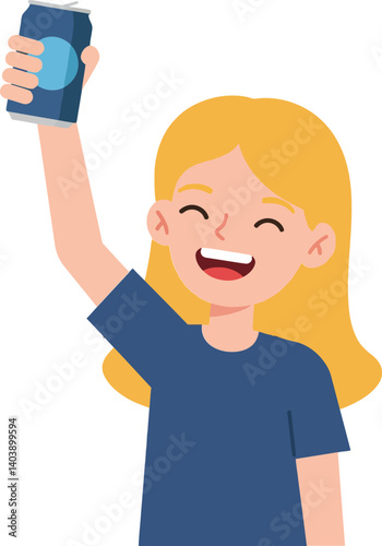 Cheerful girl with blonde hair holding a soda can in a flat, minimal vector illustration celebrating a joyful moment