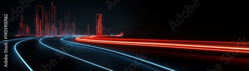 Futuristic city concept with flowing light trails across a road