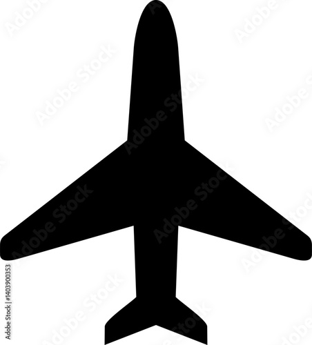 Vector illustration of a black airplane pictogram on a transparent background, symbolizing a travel concept.