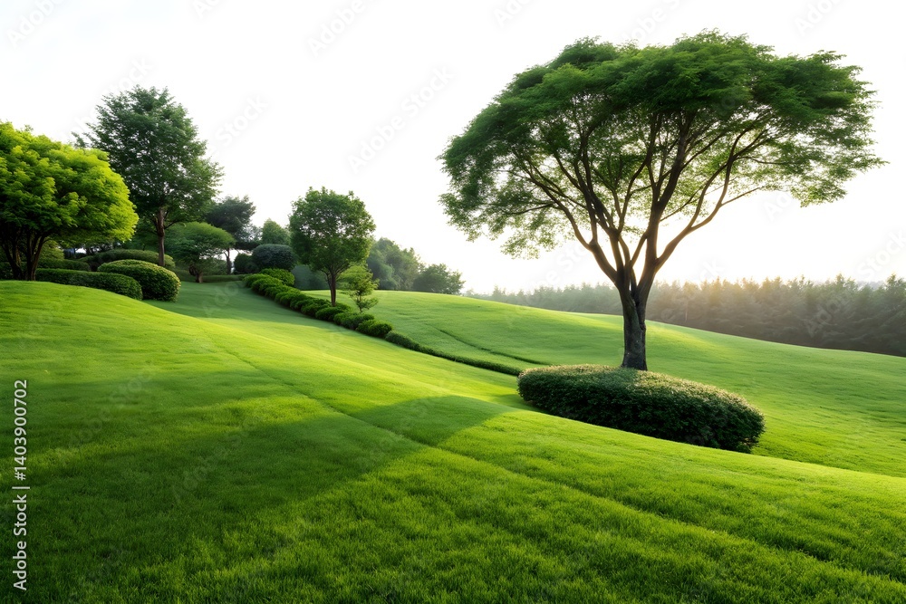 Fototapeta premium Lush Green Hillside Scenery with Gentle Slopes and Valleys.