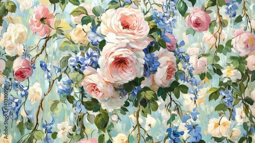 Floral Masterpiece Features Roses and Bluebells With Soft Light and Delicate Brushstrokes for an Ethereal Romantic Effect
