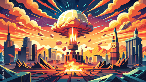Missile Attack on the Civil City Apocalyptic Sky Spectacular Art Illustration. Big Air Bomb Explosion War Apocalypse Background. AI Neural Network Computer Generated Art armageddon 
