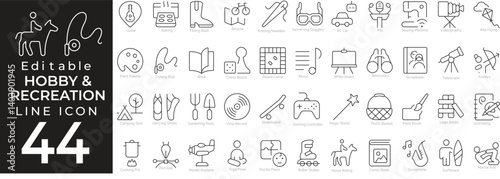 Hobby & Recreation icon set in modern line style. Includes symbols for hobbies, music, fitness, travel, reading, cinematography, and wellness activities. Editable stroke.