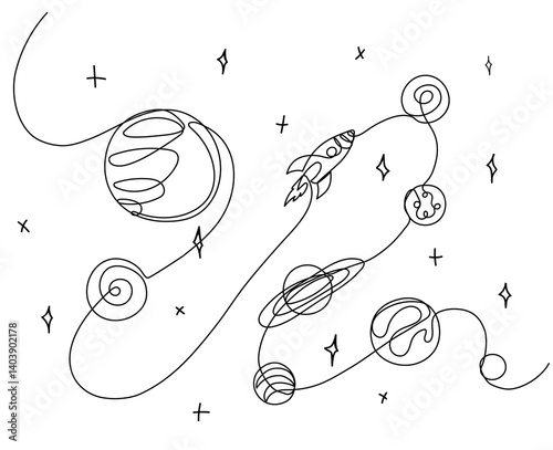 Continuous one line drawing of space. Vector illustration