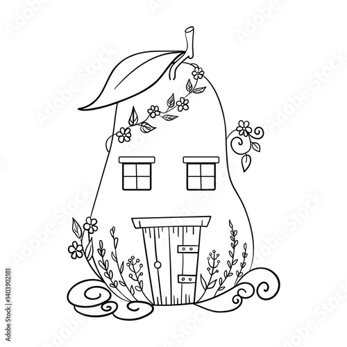 Coloring book page. Fairy house in a pear. Children's vector illustration.