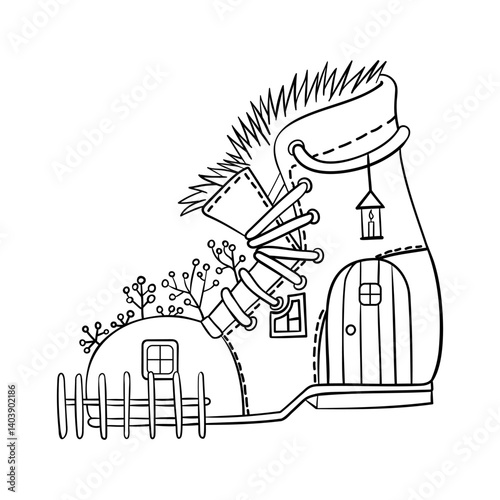 Coloring book page. Fairy house in a boot. Children's vector illustration.