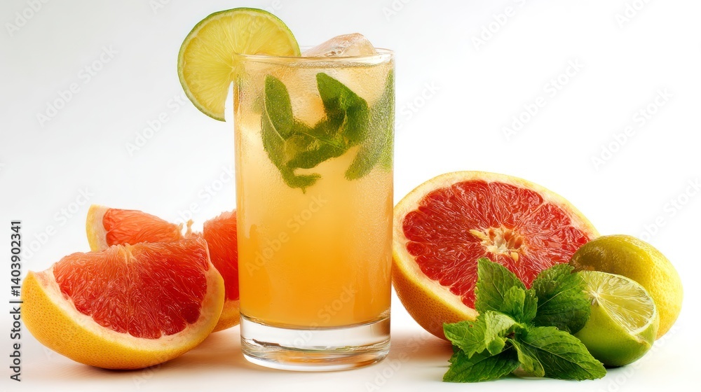 Refreshing Grapefruit Mojito Drink with Lime and Mint on White Background Refreshing Grapefruit Mojito Drink with Lime and Mint on White Background