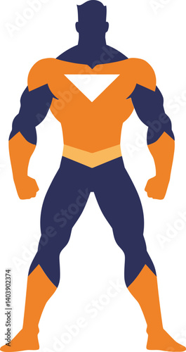 Strong superhero character with muscular build in flat style showcasing confidence and power in bold orange and navy colors, vector illustration