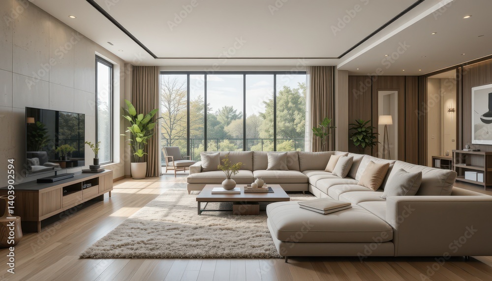 Modern minimalist living room with large windows showcasing natural light and green landscape Modern minimalist living room with large windows showcasing natural light and green landscape