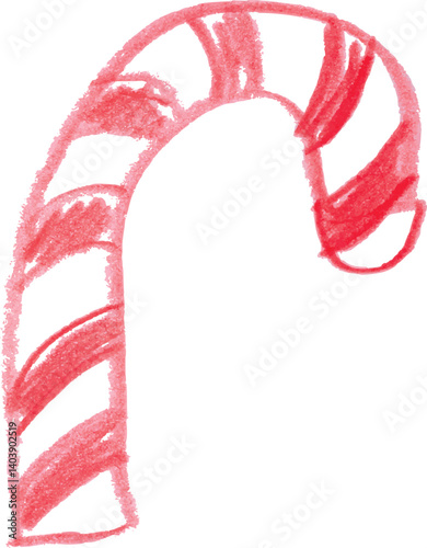 Simple drawing of a candy cane made with red crayon on a white background. The candy cane has diagonal red stripes and a curved shape