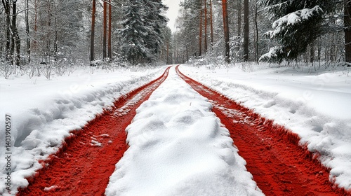 Crimson Trail in Winter Wonderland: A Snowy Forest Path Dyed Red