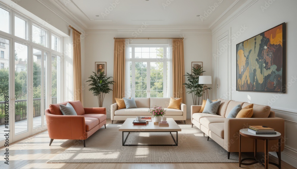 Fototapeta premium Modern living room interior design with bright colors and large windows showcasing nature outside