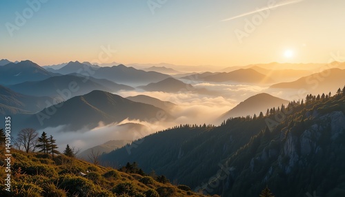 Sunrise Over Foggy Mountains