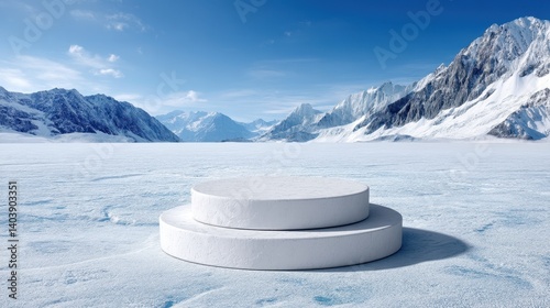 The minimal ice pedestal glows coolly beneath a frosty sky, set on a frozen landscape of glacier rock and snow, creating a clean, modern display.

 photo