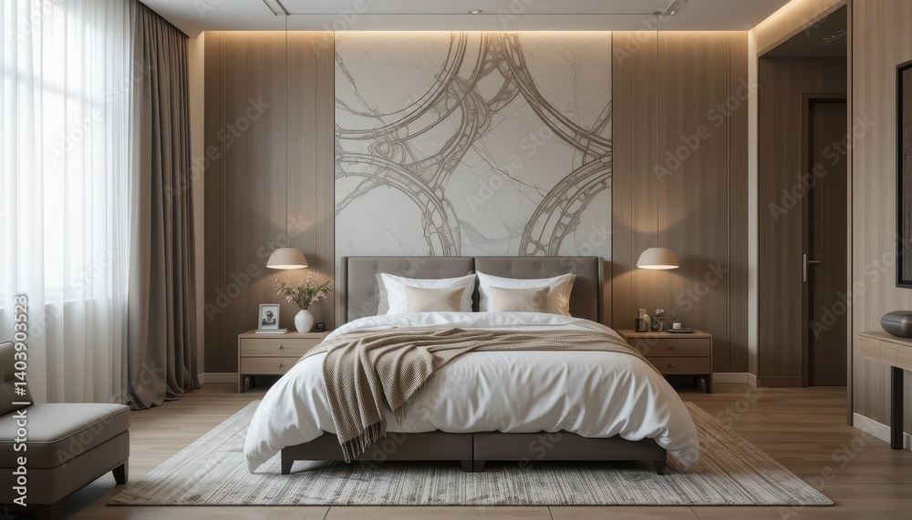 Fototapeta premium Modern and Elegant Bedroom Design with Minimalist Decor and Soft Natural Lighting