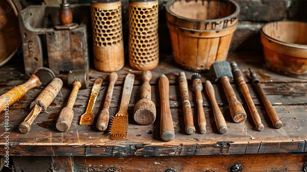 This Woodworking tools are carefully organized on a rustic workbench in a workshop setting.