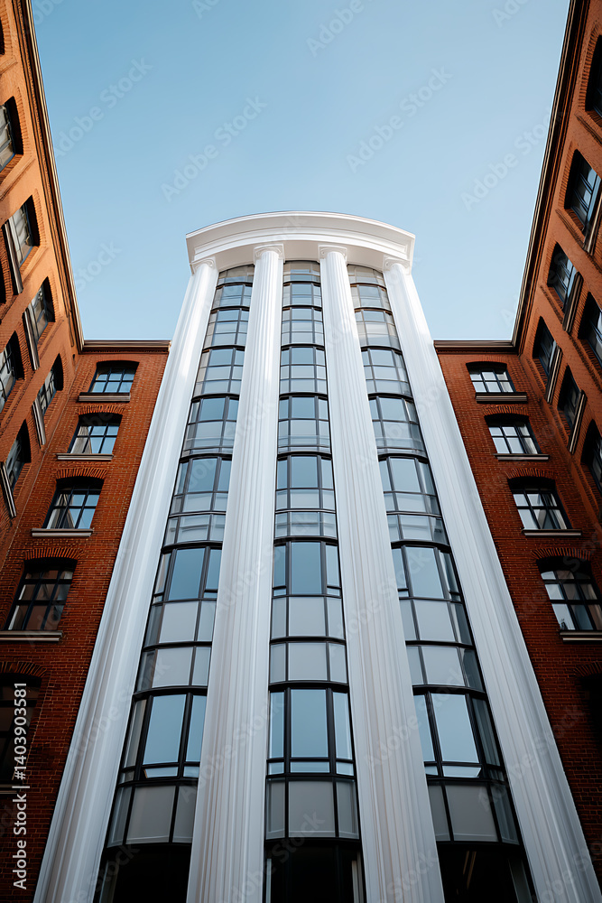 Architectural marvel featuring a modern building facade with classic elements, framed by older brick buildings, ascending toward a clear blue sky. Architectural marvel featuring a modern building facade with classic elements, framed by older brick buildings, ascending toward a clear blue sky.