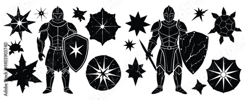 Silhouette of a medieval knight with a broken shield and cracked helmet, looking up at the stars, deep scars etched on armor