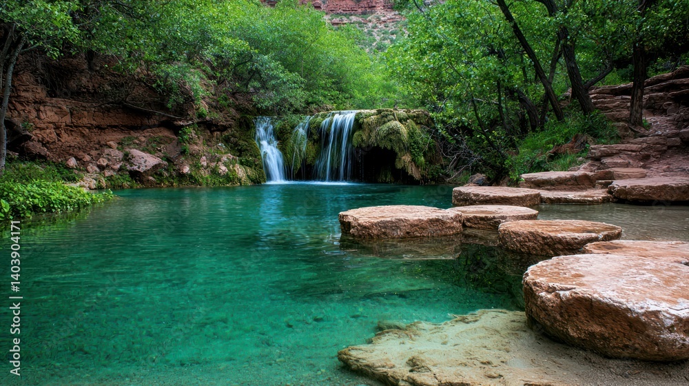 Naklejka premium Beautiful waterfall cascading into a clear turquoise colored pool of water