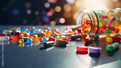 Pills rolling out from the bottle. Pharmaceutical Pills Spilled From A Bottle. Medicines, pills and tablets falling on the table background.