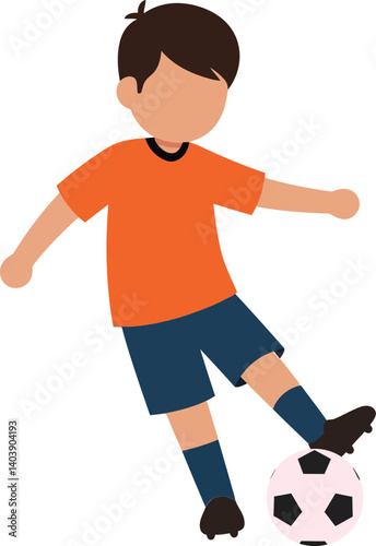 Young boy in orange shirt skillfully dribbling a soccer ball in a playful, minimal vector illustration