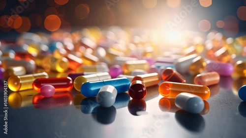 Medicine background. Blurred out close up of medication pills drop background with bokeh Trendy spotlight.