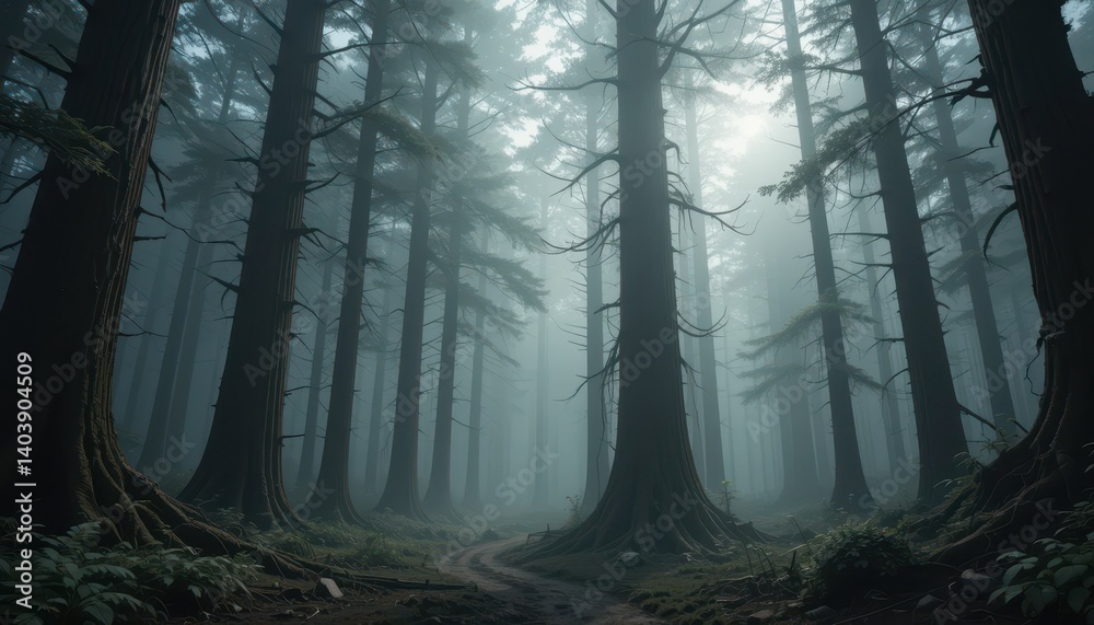 Obraz premium Mystical Forest Pathway Indulged in Fog and Sunlight Peeking Through Tall Evergreen Trees