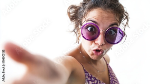 A young woman captured from a very dynamic and close-up angle, as if she were...