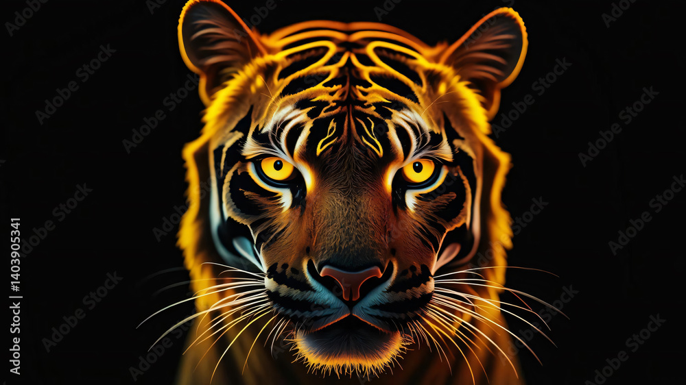 Tiger's frontal face glowing in neon yellow, and white on a plain black background. Tiger's frontal face glowing in neon yellow, and white on a plain black background.