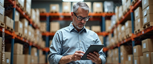 A senior individual inspects inventory in a vast warehouse, utilizing a tablet to manage tasks efficiently. Shelves of boxes create a professional setting for logistical operations and inventory