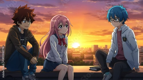 Anime Friends Chatting on Rooftop at Sunset Cityscape Backdrop