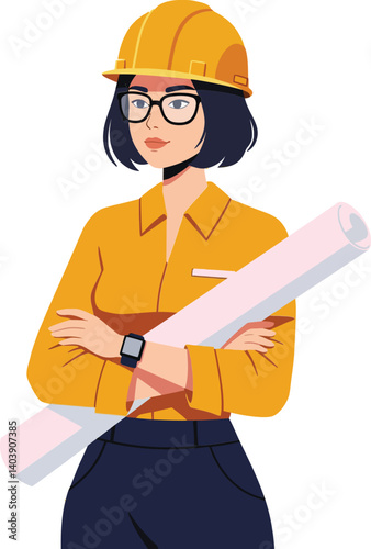Confident female construction worker in a hard hat and glasses holding architectural plans, flat vector illustration showcasing professionalism and determination