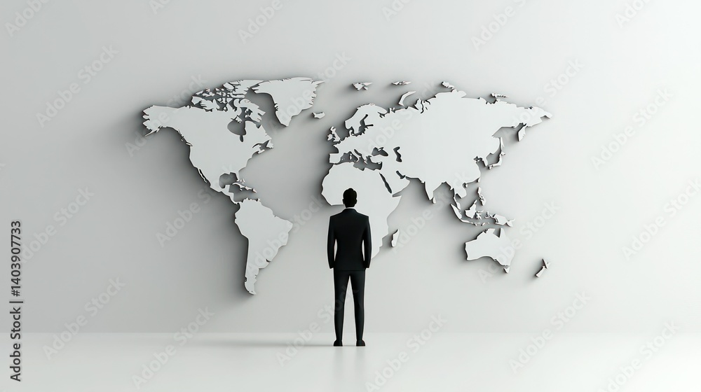 A Businessman Standing Before A White Abstract World Map A Businessman Standing Before A White Abstract World Map