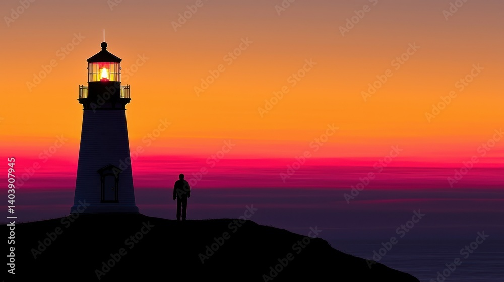 A silhouetted person stands near a lighthouse at dusk A silhouetted person stands near a lighthouse at dusk