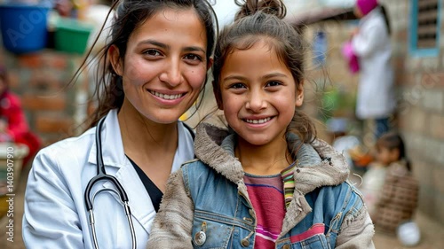 Compassionate Female Doctor Embracing Smiling Young Girl in Vibrant Community Setting, Highlighting Warmth, Care, and Connection in Urban Environment