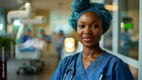 Portrait of a Confident African Female Nurse in Scrubs at a Busy Hospital, Showcasing Professionalism and Warmth in a Healthcare Setting With Soft Bokeh Lights in the Background