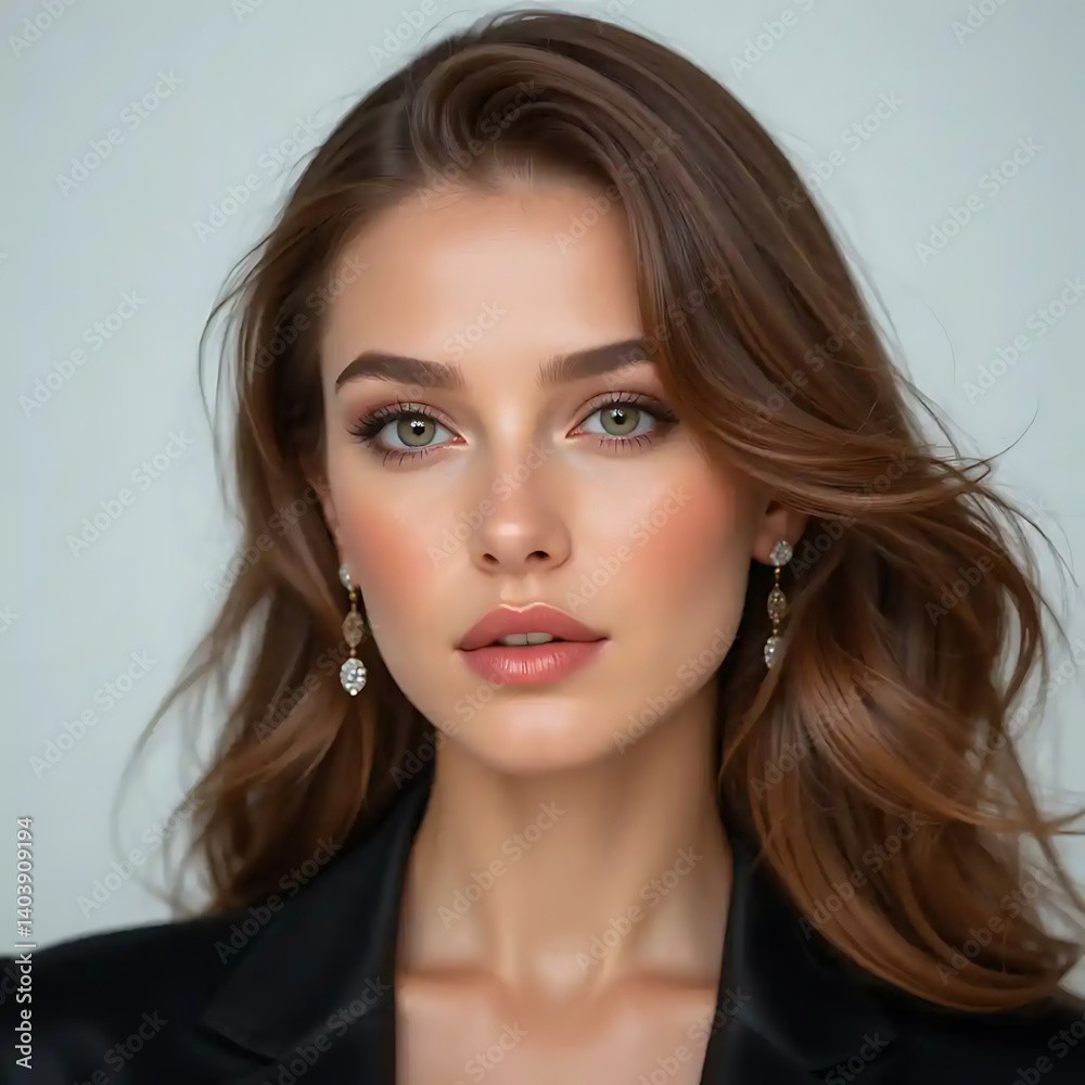Elegant Woman with Brown Hair and Delicate Jewelry Wearing Black Jacket Elegant Woman with Brown Hair and Delicate Jewelry Wearing Black Jacket