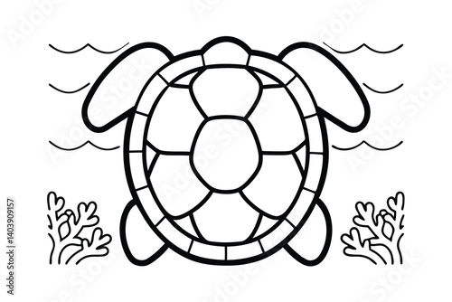 Line Art Sea Turtle With Simple Ocean Waves And Coral In Black And White Outline Style