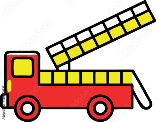 Cartoon Red Fire Truck with Ladder in Style of Line Art, Transparent Background