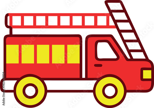 Red Cartoon Firetruck with Ladder and Yellow Accents on Transparent Background