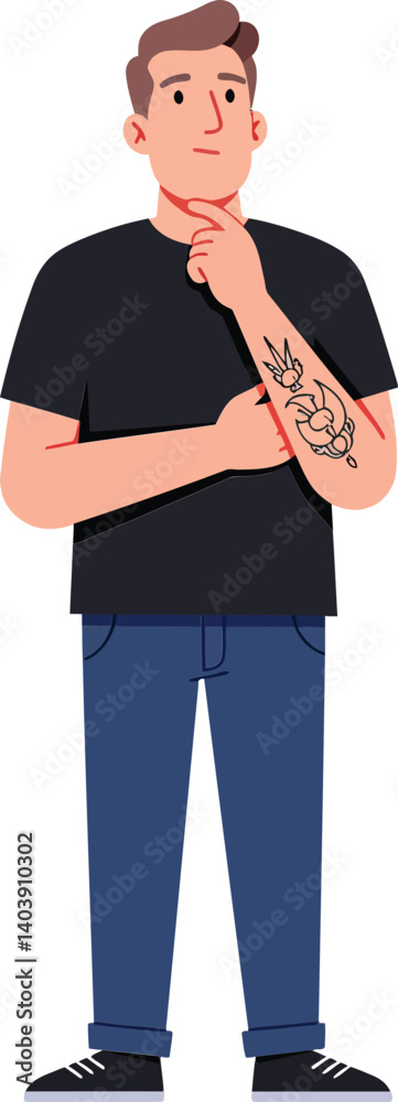 Fototapeta premium Young man with tattoos in casual attire standing confidently with a thoughtful expression in flat vector art