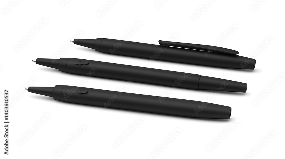 Three Black Pens on a White Background for Office use Three Black Pens on a White Background for Office use