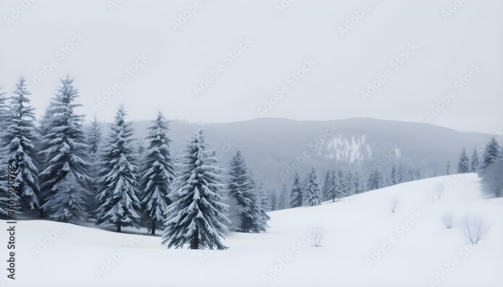 snowy landscape with trees and mountains in the background snowy landscape with trees and mountains in the background