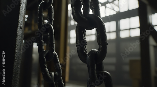 Heavy chains hang in a dim, cavernous industrial space. Strong steel links are showcased against a bright window background, emphasizing texture and form.