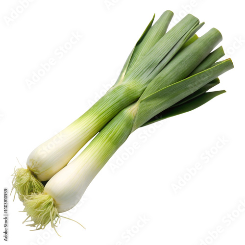 Freshly harvested green leeks, isolated on white, ideal for culinary uses, vegan dishes, and organic food themes